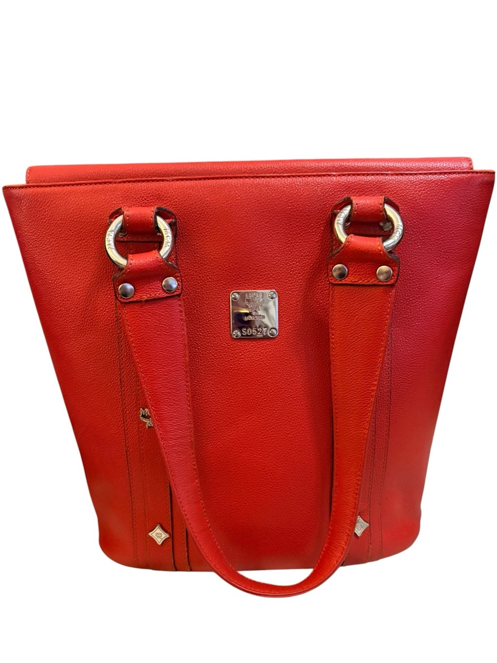 MCM Coral Red Pebbled Leather Studded Tote Bag - Picture 4 of 14